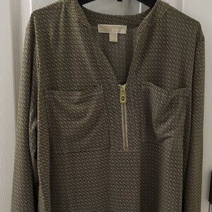 Michael Kors Women’s Print Zipper Front Top Blouse Tan Color Size Large